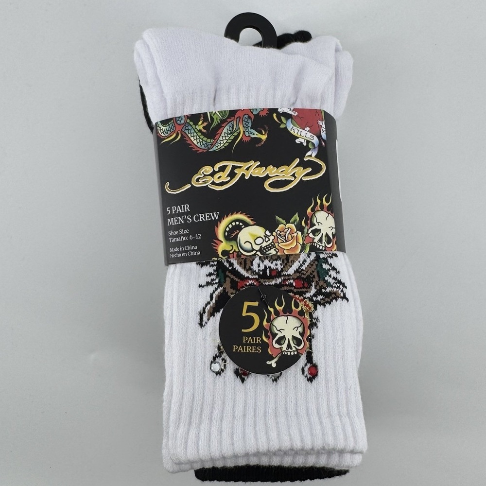 Ed Hardy Men's Cushioned Crew Socks 5pack Size 6-12 Bulldog Cross Heart NWT